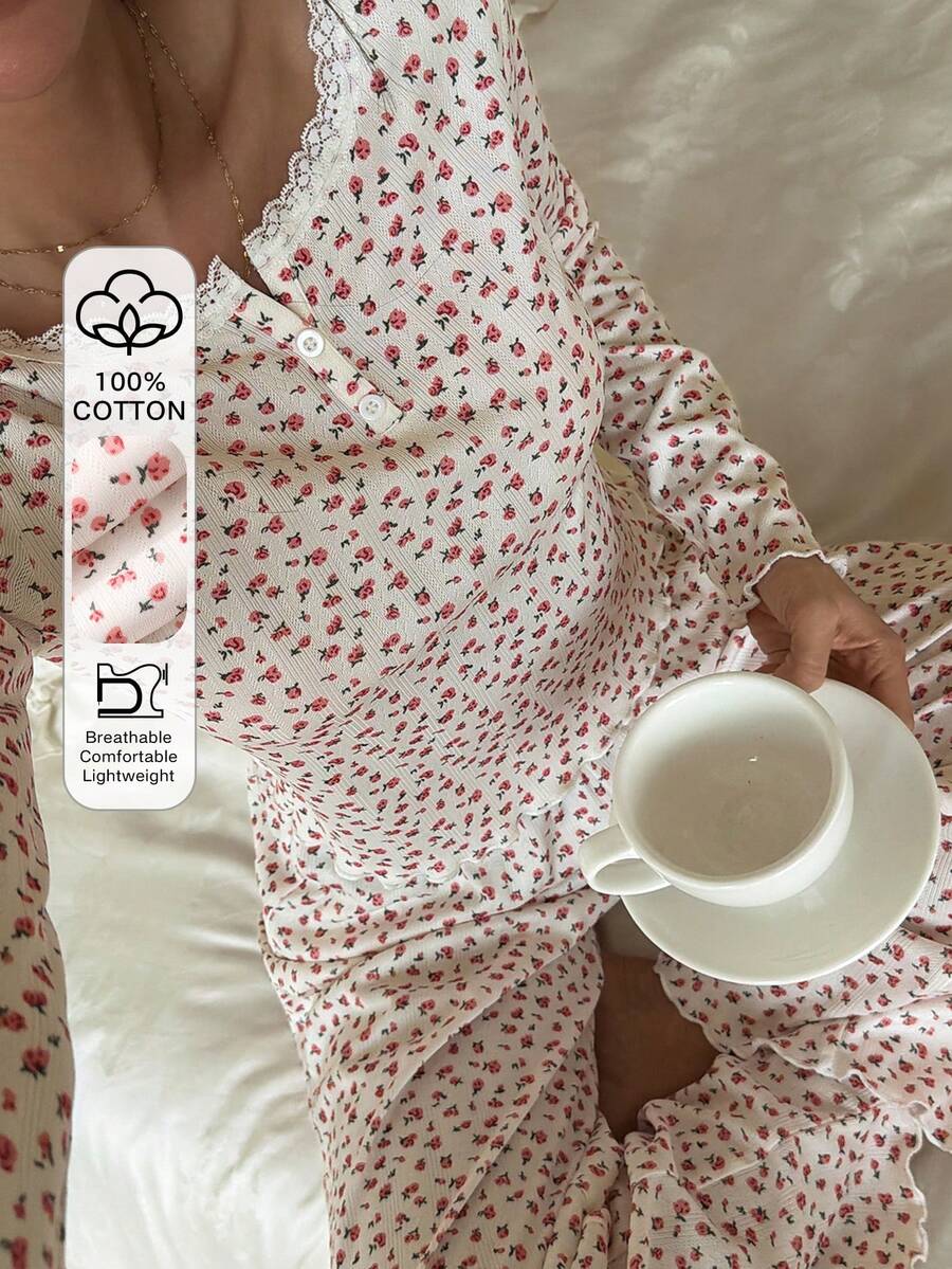 Livesso 2pcs/Set Women's Cotton Heart Pattern Homewear Set, Suitable For Summer And Autumn/Winter - White - View 1