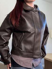 Abrilcols 秋冬新款宽松休闲加厚PU皮女式常规夹克女式外套 - 黑色 - 查看 3