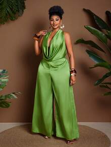 Maweii Bộ jumpsuit cỡ lớn gợi cảm và thanh lịch, hở vai, lưng trần, có nơ. - màu xanh lá - Xem 5