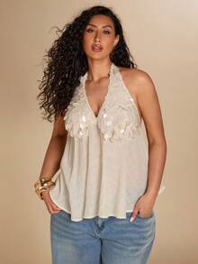 SHEIN BAE Áo hai dây màu mơ đính sequin, dáng chữ A, hở lưng, dành cho nữ cỡ lớn. - Màu be - Xem 5