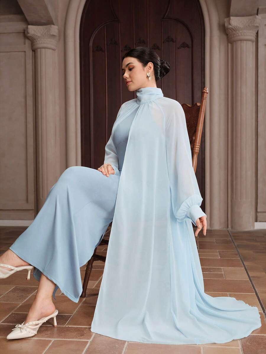 Graceveil 女士优雅奢华飘逸雪纺褶皱领双层连衣裙，适合派对穿着 - 淺藍色 - 查看 1