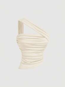 SHEIN MOD Off Shoulder/Asymmetrical Shoulder Ruched Burgundy Women's Camisole - Apricot - View 4