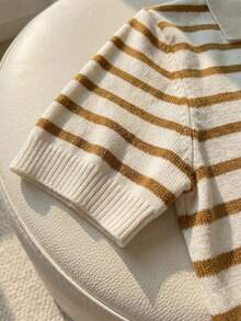 Franclia New Commuting Chic Design Turndown Collar Contrast Color Classic Striped Decor Matching Delicate Metal Button Loose Short Sleeve Knit Top - Multicolor - View 4