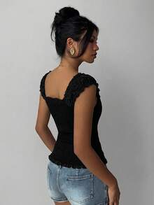 Aloruh Áo sơ mi nữ tay ngắn phồng kiểu cổ tích grunge, áo kiểu vintage viền ren đen. - màu đen - Xem 2
