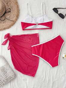 SHEIN 少女沙滩度假泳装套装，含罩衫和迷你裙 - 玫紅色 - 查看 5