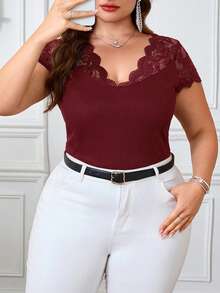 SHEIN Clasi Plus Size Women's Elegant Contrast Lace Solid Color V-Neck Slim Fit T-Shirt, Summer - Burgundy - View 4