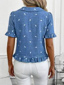 SHEIN Clasi 女款夏季翻領荷葉邊飾上衣，優雅百搭襯衫，藍色碎花上衣，母親節度假穿搭，女款鄉村音樂會穿搭，荷葉邊鄉村風女裝，特殊場合茶會穿搭 - 藍色 - 查看 2