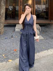 DAZY 女士V领蝴蝶结韩版无袖上衣搭配宽松阔腿休闲牛仔裤套装，夏季 - 藍色 - 查看 5