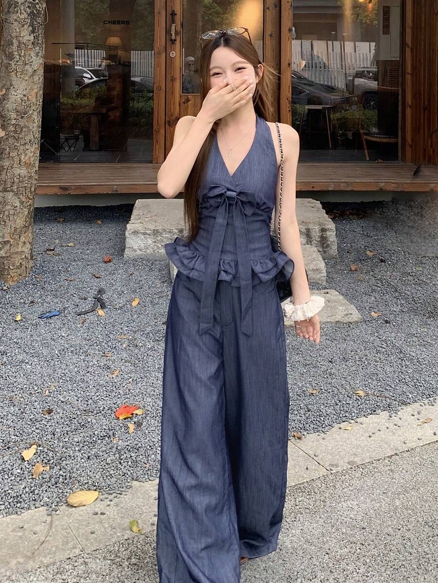 DAZY Conjunto de blusa sin mangas con cuello en V y lazo estilo coreano, y pantalones vaqueros anchos y sueltos de estilo casual, para verano - Azul - Ver 1