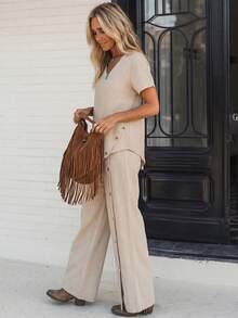 LanaWest Women's Summer Khaki V-Neck Short Sleeve Asymmetric Hem Wooden Button Shirt + Elastic Waist Pockets Wooden Button Loose Wide Leg Pants Two Pieces Casual Vacation Set - Khaki - View 7
