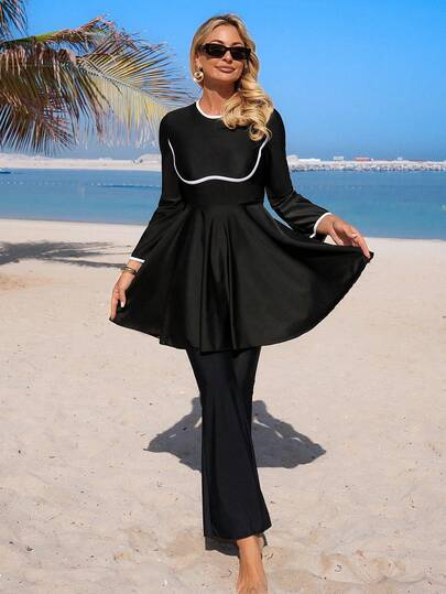 Swim Mulvari Women's Elegant Black & White Spaghetti Strap Burkini Dress + Flared Pants + Bell Sleeve, Dignified & Fashionable Full Coverage Swimwear, Spring/Summer