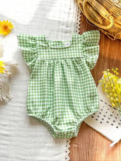 Vintaside Kids Bộ áo liền quần cho bé sơ sinh, màu xanh lá cây nhạt, họa tiết kẻ caro, cổ vuông, tay ngắn, kiểu dáng tối giản, dễ thương, phù hợp cho mùa xuân/hè, mặc hàng ngày.