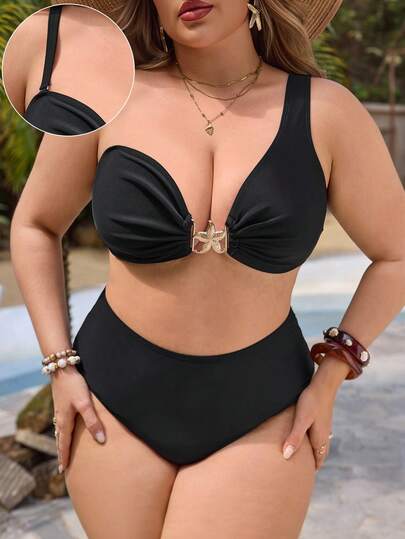 Swim Lushoire 2026新款加大码女式两件套纯金点缀休闲泳衣