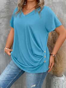 SHEIN LUNE Plus Size Women's Solid V-Neck Casual Versatile Daily Wear Short Sleeve T-Shirt - Mint Blue - View 6