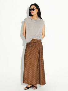 KSTM Chân váy maxi dài ngang gối kẻ sọc cạp cao dành cho nữ, có dây buộc bên hông, màu nâu, thanh lịch, kiểu dáng suông, thích hợp cho mùa thu. - Cà phê nâu - Xem 5