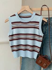 SHEIN EZwear Áo ba lỗ dệt kim ngắn tay kẻ sọc xanh kiểu mới, thích hợp mặc đi học, mặc mùa hè, đi làm hàng ngày, hẹn hò, tụ họp, mùa thu/đông/hè, Giáng sinh, Năm mới, Lễ Tạ ơn, tiệc tùng, đám cưới, đi biển, lễ tốt nghiệp, thời trang, thanh lịch, thường ngày, đi chơi, hẹn hò, đặt chỗ, đi làm, sáng bóng, Ngày lễ tình nhân, sang trọng, kỳ nghỉ, thường ngày, Y2K, đi chơi, lễ tốt nghiệp, v.v. - Nhiều màu - Xem 1