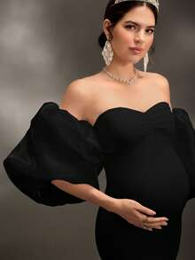 Cheriluna Maternity Đầm chụp ảnh bầu/Đầm dự tiệc thanh lịch/Đầm dự tiệc mừng em bé - Đầm dệt kim ôm sát với tay áo 3D, cổ áo hình trái tim và thiết kế xếp ly. - màu đen - Xem 4