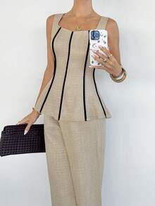 Siren Gaze Bộ đồ cotton xẻ tà mới với khóa kim loại trang trí dành cho nữ, thích hợp cho mùa xuân/hè. - Màu be - Xem 3