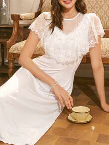 Côtesoire Áo ngủ nữ thanh lịch màu trơn phối lưới cổ tròn, kiểu Pháp duyên dáng. - trắng - Xem 6