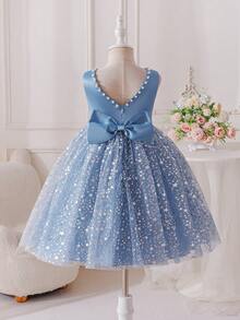 SHEIN Glamorique Kids Đầm trắng không tay cho bé gái, đính ngọc trai và nơ, phối lưới, thích hợp cho dạ hội, tiệc sinh nhật, biểu diễn, mùa hè. - Màu xanh lam - Xem 11