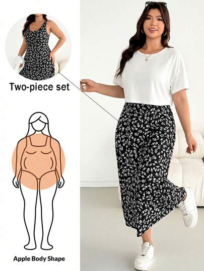 Shapeblank プラスサイズ女性の春夏ファッションカジュアルルーズ快適な日常基本的な多用途スリミング2ピースセット:ブラックショートスリーブトップとブラック&ホワイトフローラルベストロングドレス、夏服、空港コーデ、カーブシルエット