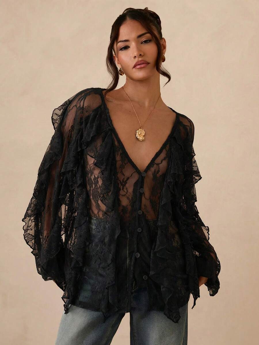SHEIN Glamour Áo kiểu dáng thường ngày tay dài cổ chữ V màu cà phê dành cho nữ - màu đen - Xem 1