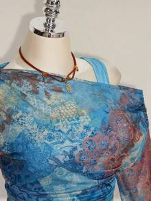 SHEIN ICON Blusa de 2 en 1 para mujer talla grande con mangas acampanadas y hombros descubiertos con estampado de teñido anudado - Multicolor - Ver 8