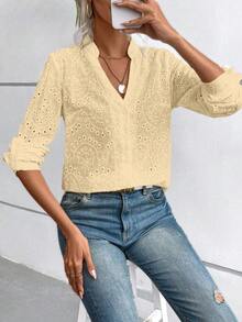 SHEIN 纯色缺角领插肩袖休闲刺绣烧花衬衫 - 杏色 - 查看 6