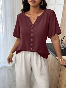 Weeklong Plus Size Women's Spring/Summer Vacation Floral Patchwork Ruffle Trim Loose Short Sleeve Top - Rust Brown - View 3