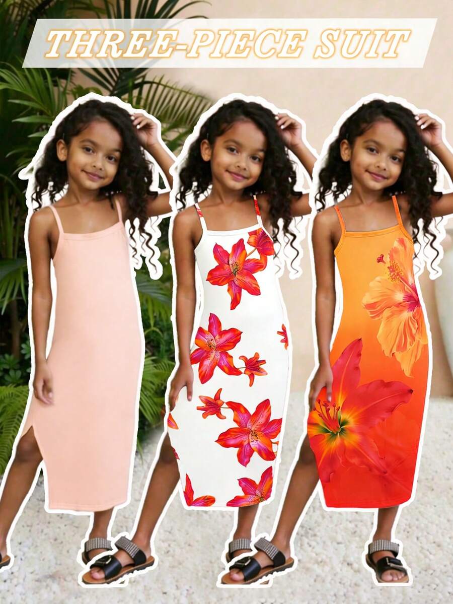 3pcs/Set Young Girls Summer Beach Holiday Dress,Knit Fabric White Yellow Solid Color & Lily Digital Print Spaghetti Strap Bodycon Midi Floral Dresses - Multicolor - View 1