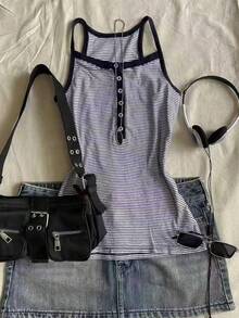 Glimmora 女士纽扣条纹休闲百搭吊带衫 - 彩色 - 查看 1