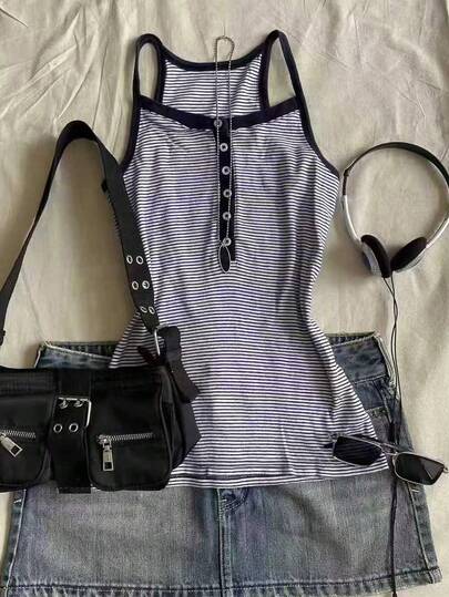 Glimmora Áo camisole nữ kẻ sọc thiết kế cài nút, kiểu dáng thường ngày, đa năng.