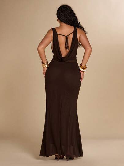 SHEIN BAE Đầm maxi đuôi cá màu nâu hở lưng, cổ xếp ly, cỡ lớn