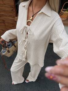 DAZY Women's Loose Casual Vacation Style Long Sleeve Shirt And Straight Leg Pants 2 Pieces Set, Spring/Summer Lounge Sets For Women - Beige - View 1