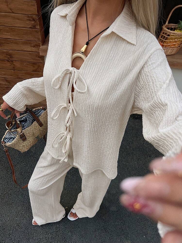 Women's Loose Casual Vacation Style Long Sleeve Shirt And Straight Leg Pants 2 Pieces Set, Spring/Summer