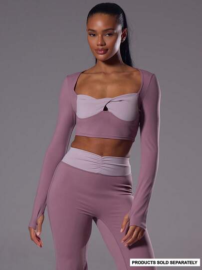 Musera Sport Contrast Twist Front Detail Long Sleeve Cropped Active Top Workout Gym Sports Pilates Fitness Daily Casual Hibiscus