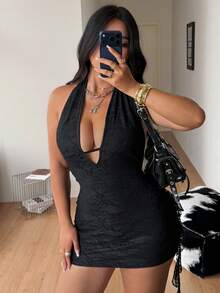 Coolane Vestido de talla grande, unicolor, sin espalda, con cuello de halter sexy - Negro - Ver 4
