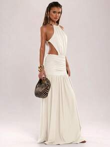 SHEIN BAE 女士休闲度假纯色串珠装饰露背吊带连衣裙，适合海滩度假、旅行、波西米亚风度假，绿色连衣裙，优雅性感连衣裙 - 杏色 - 查看 5