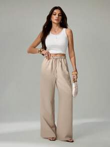 SHEIN Tall Quần kaki nữ dáng suông, cạp chun, chất liệu không co giãn. - Màu Khaki - Xem 4