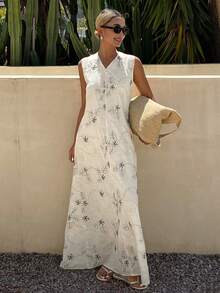 Livesso Summer Vacation Outfit White Sleeveless V-Neck Loose Embroidered Loose Mid-Length Dress For Women Sun Dresses For Women - Beige - View 5