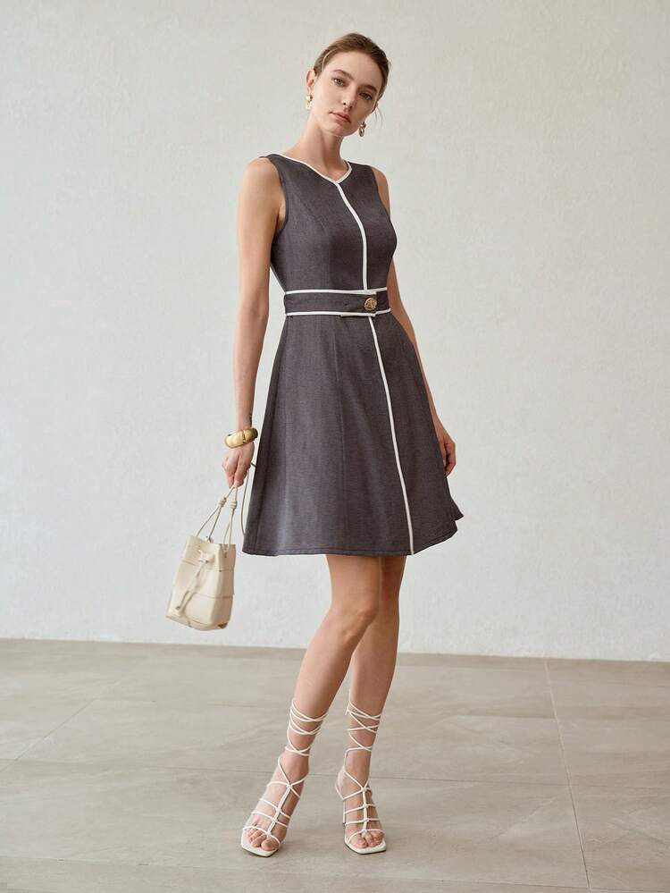 V-NECK SLEEVELESS CONTRAST TRIM DESIGN WOMEN'S MID-LENGTH DRESS, SPRING/SUMMER