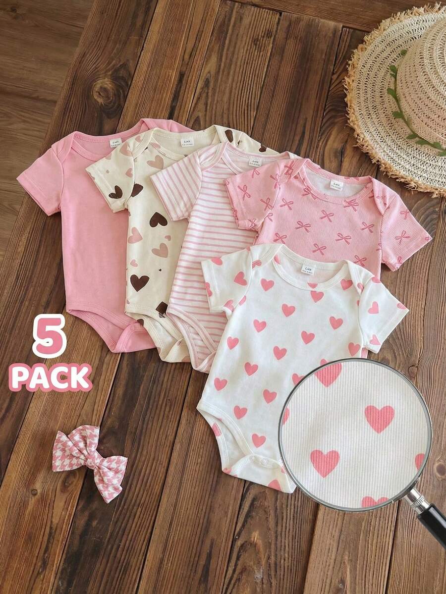 SHEIN Playful Pals 5件套女婴夏季休闲爱心蝴蝶结条纹印花连体衣套装 - 彩色 - 查看 1