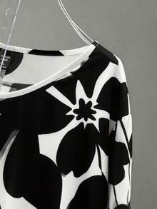EMERY ROSE Elegant Women Summer Plus Size Blouse,Black And White Floral Print Round Neck Long Sleeve Casual Top,Smart Casual Commute & Vacation Style For Autumn - Multicolor - View 4