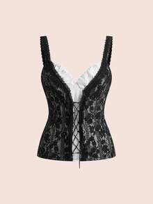 Sweetness Women's Vintage Y2K Sexy V-Neck Lace 2 In 1 Front Tie Camisole, Spring/Summer Golf White - Black and White - View 4