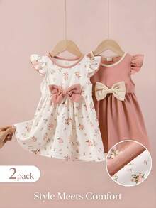 SHEIN Playful Pals 2件組女嬰可愛白色與粉色夏季家庭款復古植物花卉印花蝴蝶結前襟荷葉袖A字版型飄逸柔軟洋裝 - 彩色 - 查看 8