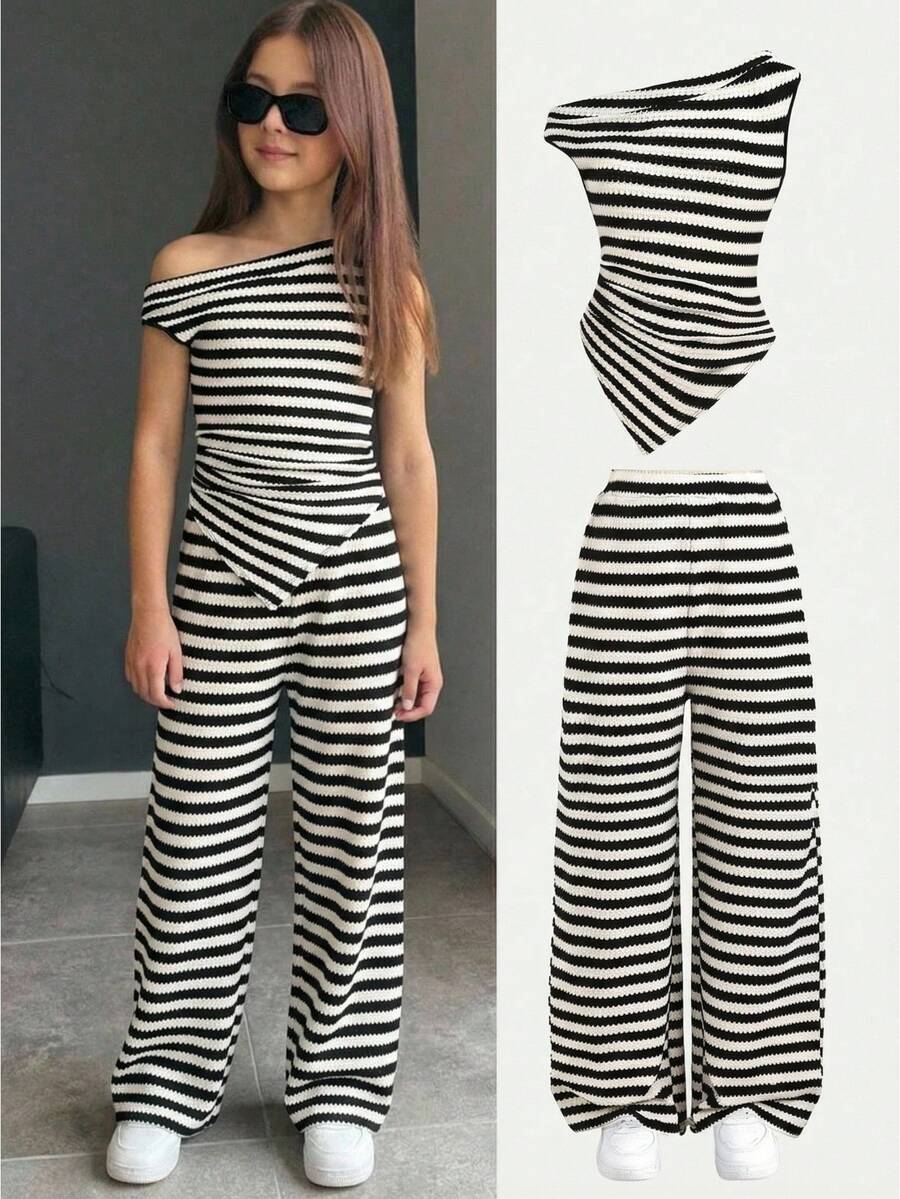 SHEIN Bộ đồ 2 mảnh cho bé gái tuổi teen, họa tiết sọc bất đối xứng, màu đen trắng, áo thun lửng trễ vai và quần. - Đen và trắng - Xem 1
