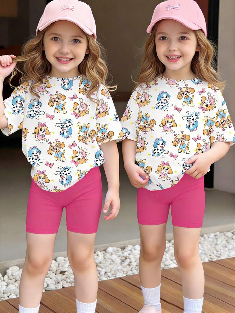 Bộ đồ thể thao mùa xuân hè dành cho bé gái, phong cách thường ngày, sáng tạo, cá tính, tươi mới, tối giản, dễ thương, họa tiết hoạt hình chú cún con màu hồng, trái tim, nơ và ngôi sao, gồm áo thun ngắn và quần đùi, thoải mái để mặc hàng ngày, ấm áp cho mùa hè và mùa thu, phù hợp với trang phục thể thao hàng ngày của bé gái. - Nhiều màu - Xem 1