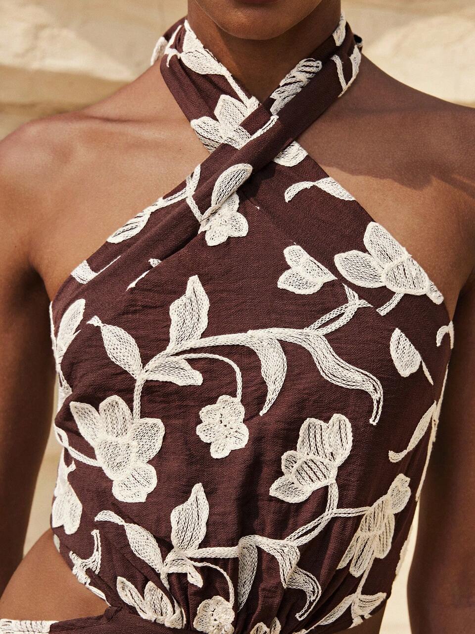 SHEIN Maija MAIJA Brown Floral Boho Summer Beach Vacation Holiday Holiday Backless Lace Trim V-Neck Flowy Mini Dress,Women's Clothing Mother's Day Outfits