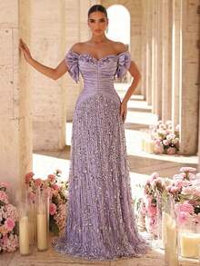 Glamrae Elegant Light Gray-Purple Luxury 3D Beaded Embroidery, Wide Strap Square Neck Bask Waist Handmade Woven Rope Belt Super Flared A-Line Skirt, Suitable For Dates, Vacations, Singles Parties, Weddings, Women's Evening Gown - Dusty Purple - View 5