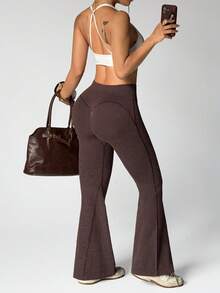Dewbera Dewbera 1pc Coffee Brown Seamless Sports Leggings, Soft & Comfortable Fit, Suitable For Workout, Running, Casual, Yoga - Coffee Brown - View 2